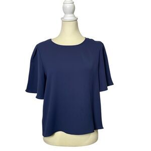 Everly Dark Blue Short Flutter Sleeve Chic Minimalist Blouse Women's Size Small